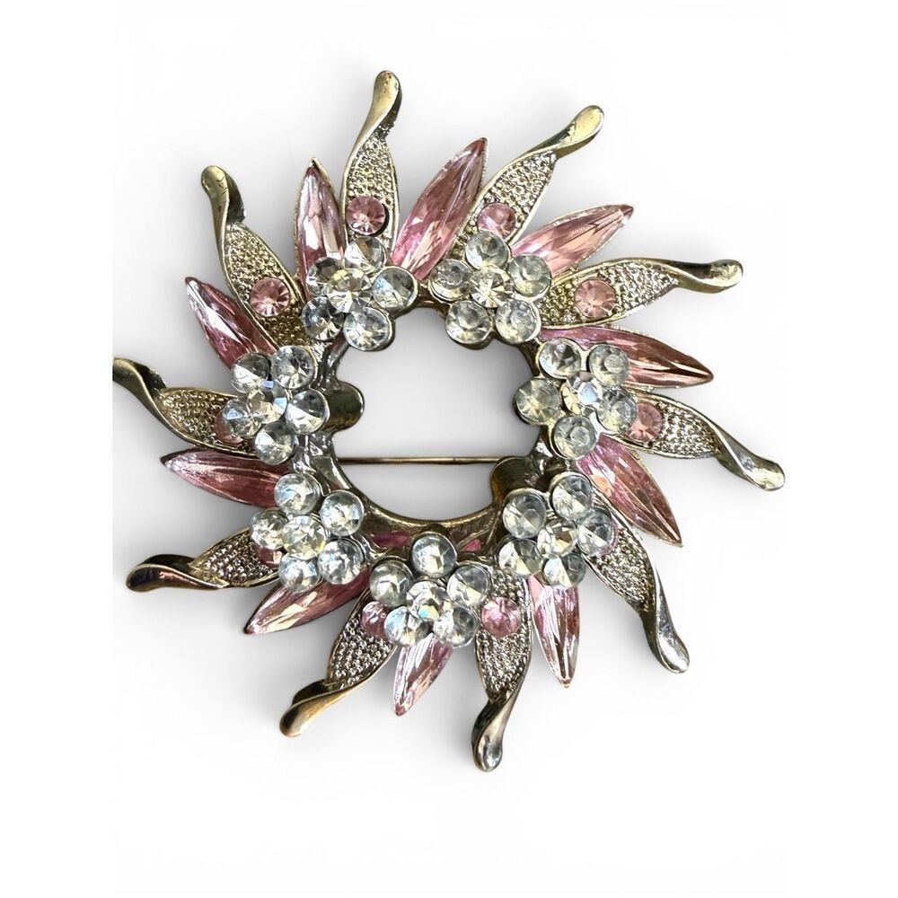 Vintage Gold Pink Rhinestone Floral Wreath Brooch Pendant Women Gift